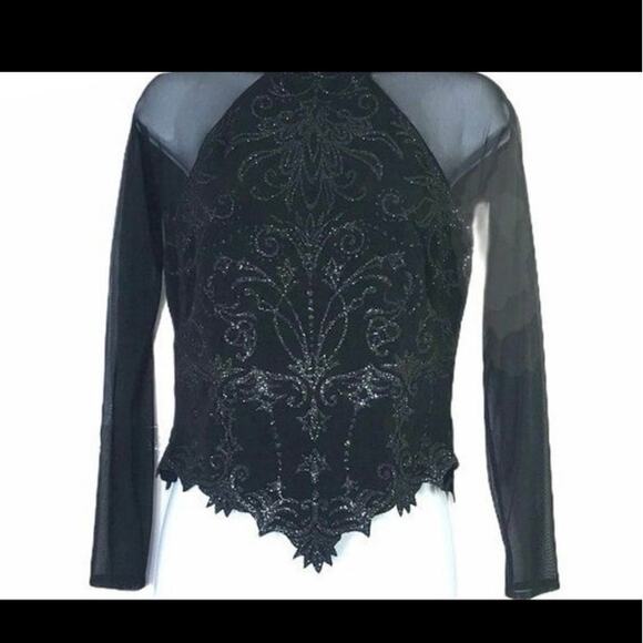 Vintage 90s Tadashi Shoji Mesh Sheer Embellished Mock Neck Top Basque Waist Goth - Picture 7 of 10
